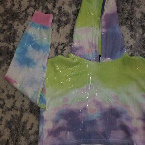 F21 Bling Tie Dye Cropped Hoddie Sweater NWT